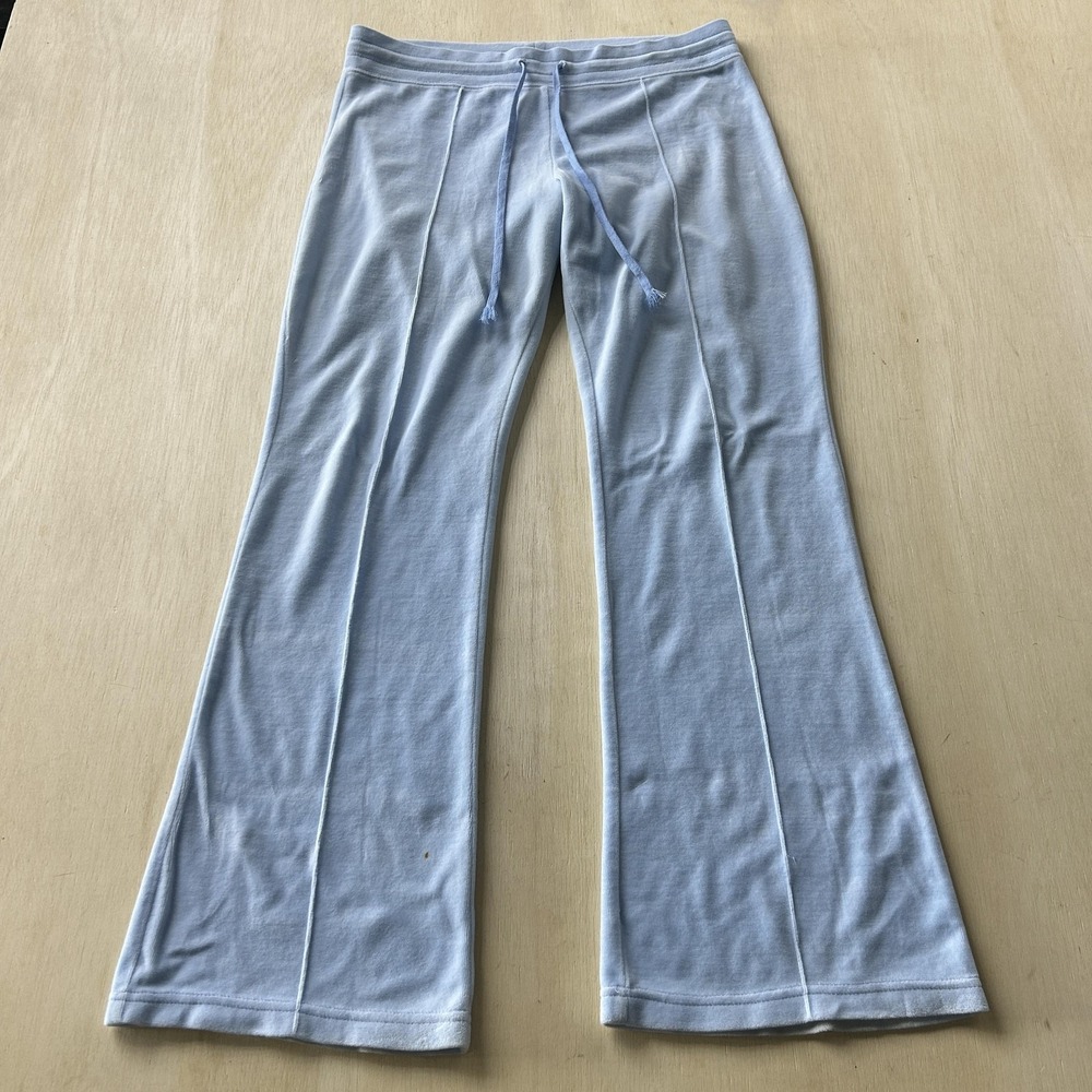 Y2K Velour Sweatpants Womens Large Blue French Terry Flare Leg Drawstring
